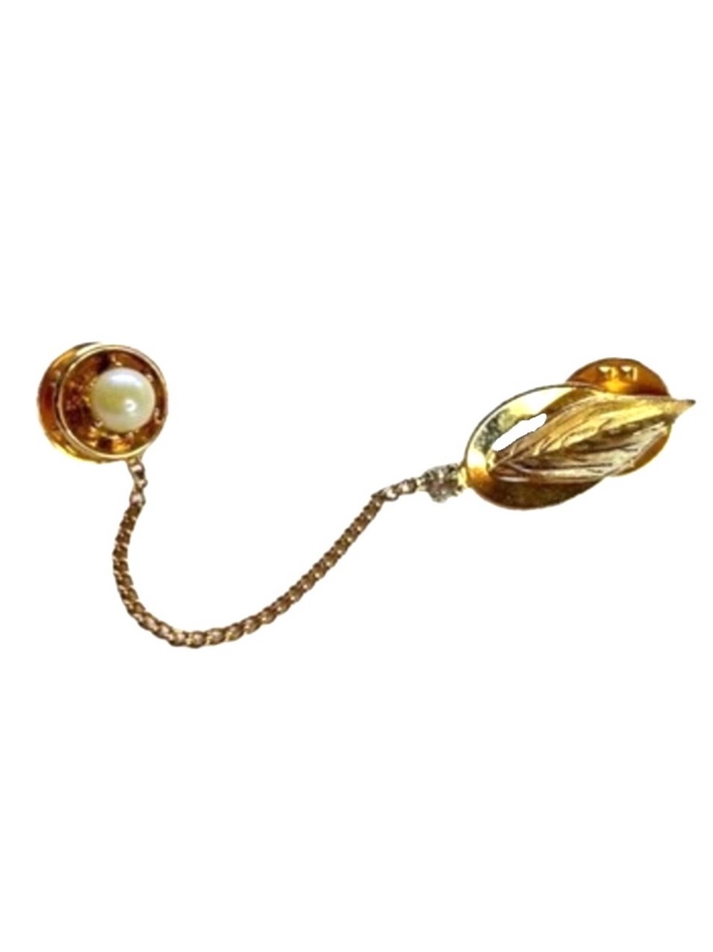 Vintage Gold Tone Double Lapel Pin Chain Brooch with Leaf & Faux Pearl